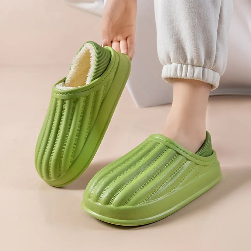 Thickened couple slippers in grey, EVA sole, non-slip, round toe, plush lined winter home shoes