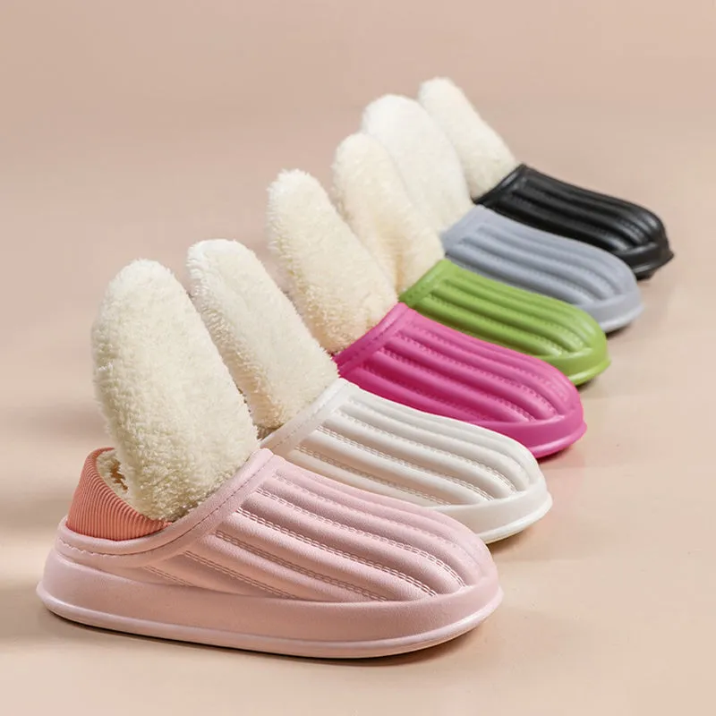 Thickened couple slippers in grey, EVA sole, non-slip, round toe, plush lined winter home shoes