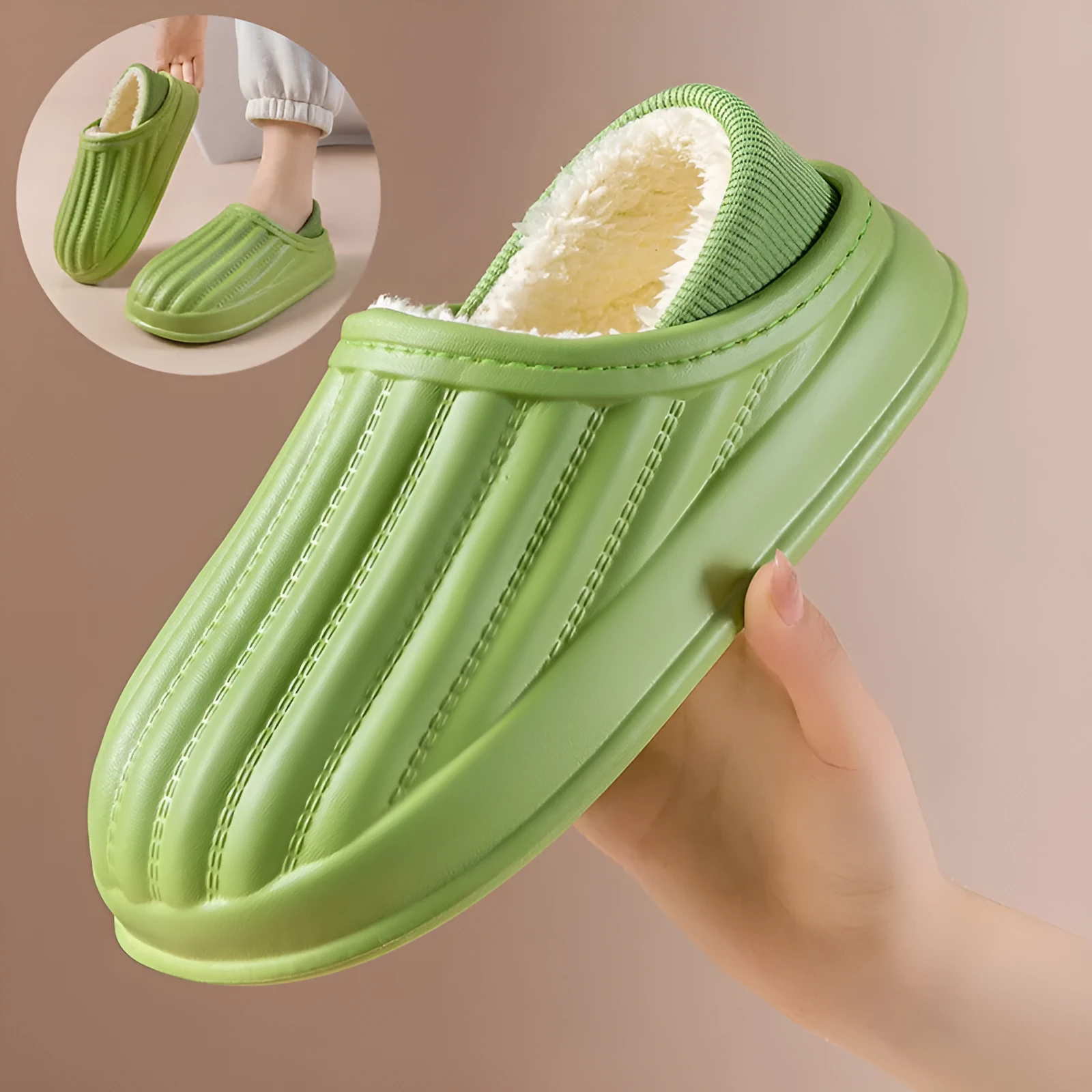 Thickened couple slippers in grey, EVA sole, non-slip, round toe, plush lined winter home shoes