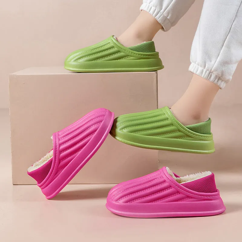 Thickened couple slippers in grey, EVA sole, non-slip, round toe, plush lined winter home shoes