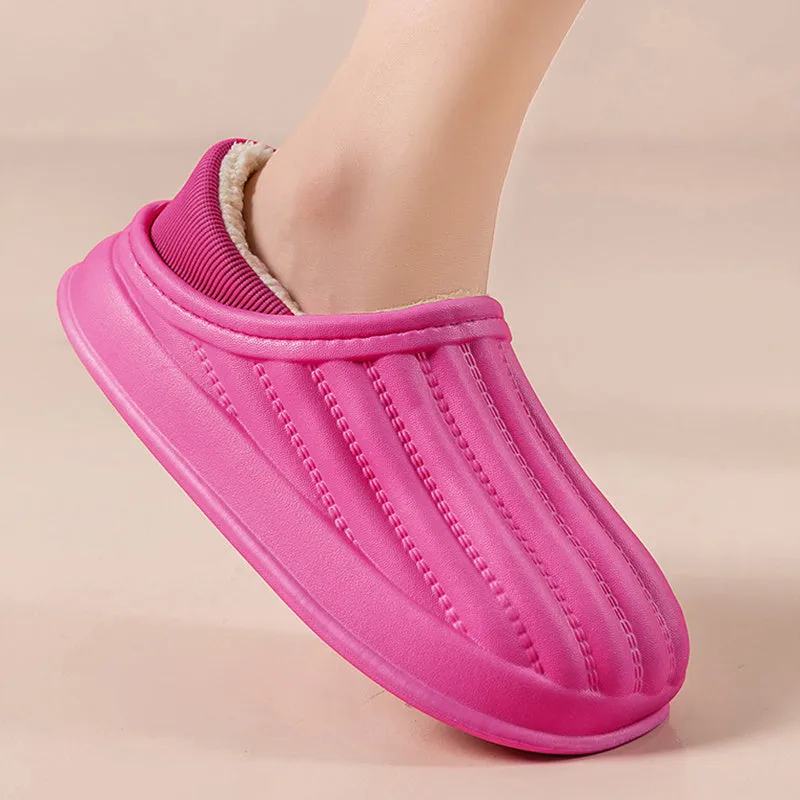 Thickened couple slippers in grey, EVA sole, non-slip, round toe, plush lined winter home shoes