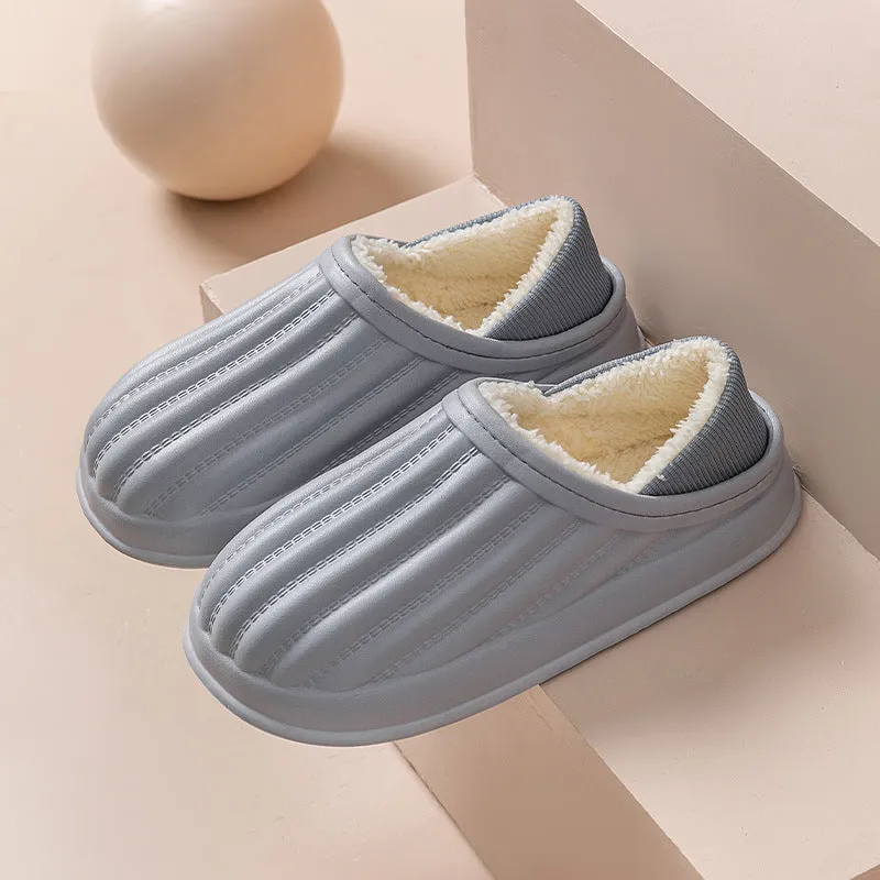 Thickened couple slippers in grey, EVA sole, non-slip, round toe, plush lined winter home shoes