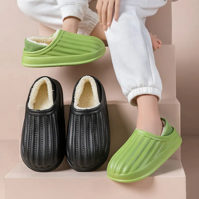 Thickened couple slippers in grey, EVA sole, non-slip, round toe, plush lined winter home shoes