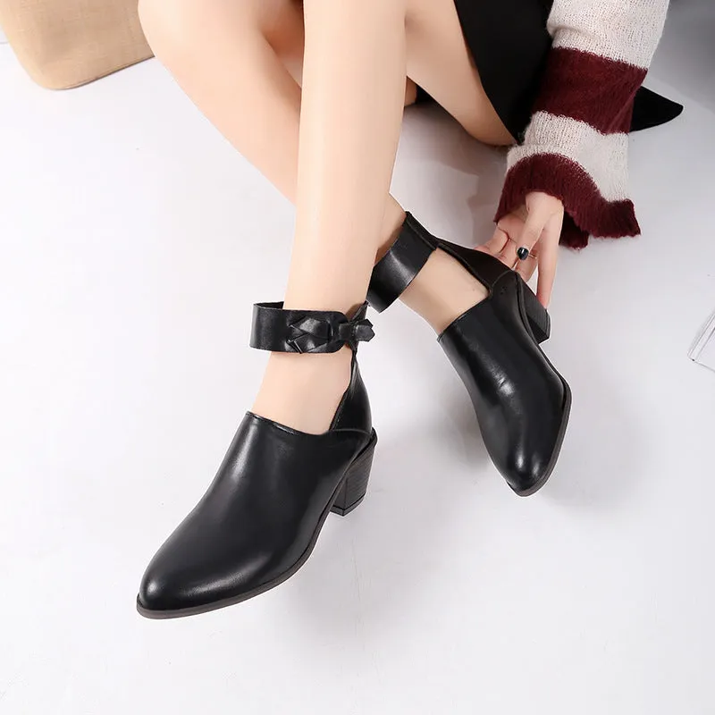 Vintage high heel ankle boots for women in black round toe PU leather mid heel 3-5 cm