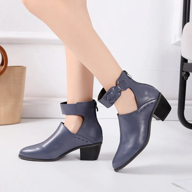 Vintage high heel ankle boots for women in black round toe PU leather mid heel 3-5 cm