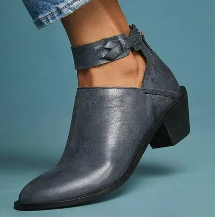 Vintage high heel ankle boots for women in black round toe PU leather mid heel 3-5 cm
