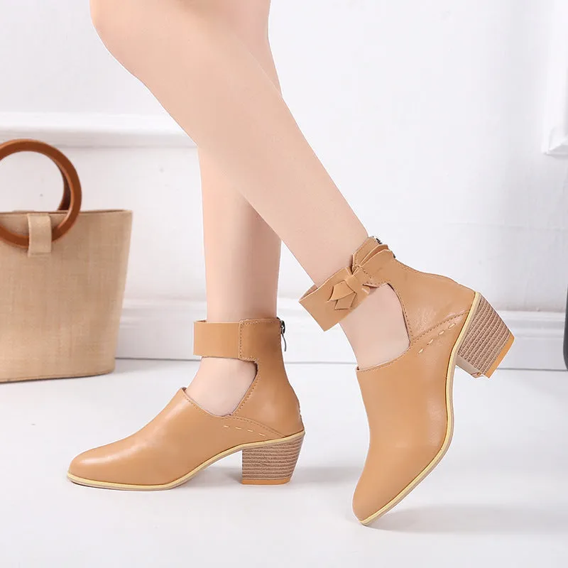 Vintage high heel ankle boots for women in black round toe PU leather mid heel 3-5 cm