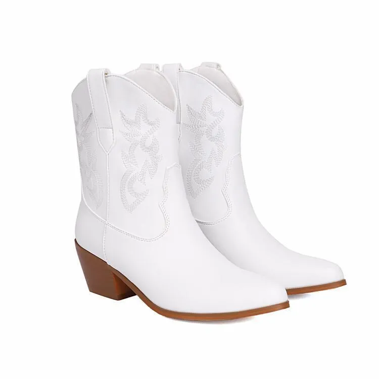 Women's mirror patent leather knee-high boots with embroidery, pointed toe, stiletto heel, in silver colour