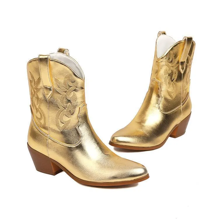 Women's mirror patent leather knee-high boots with embroidery, pointed toe, stiletto heel, in silver colour