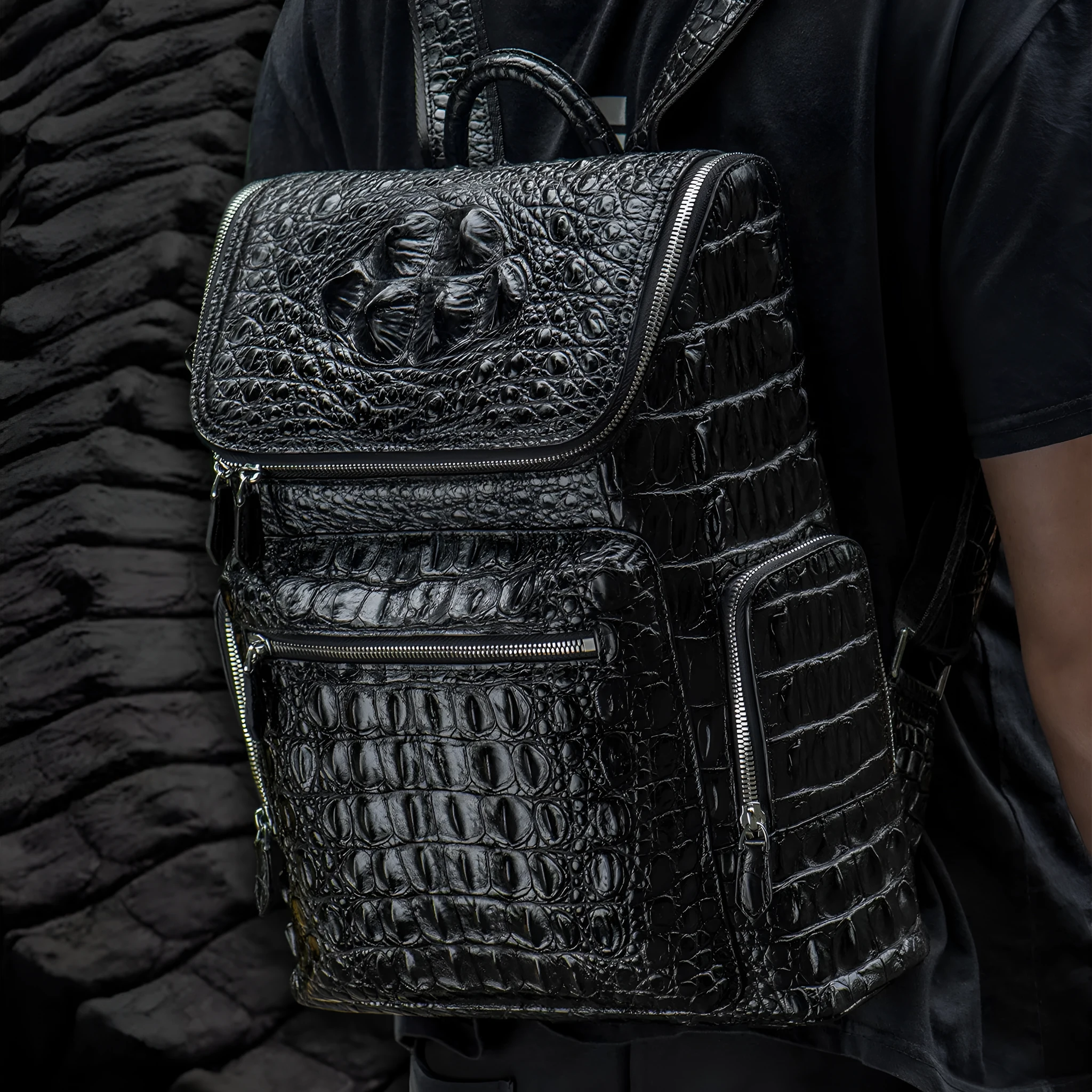 Kurayoshi handmade crocodile leather backpack vertical square shape large capacity 14 inch laptop bag
