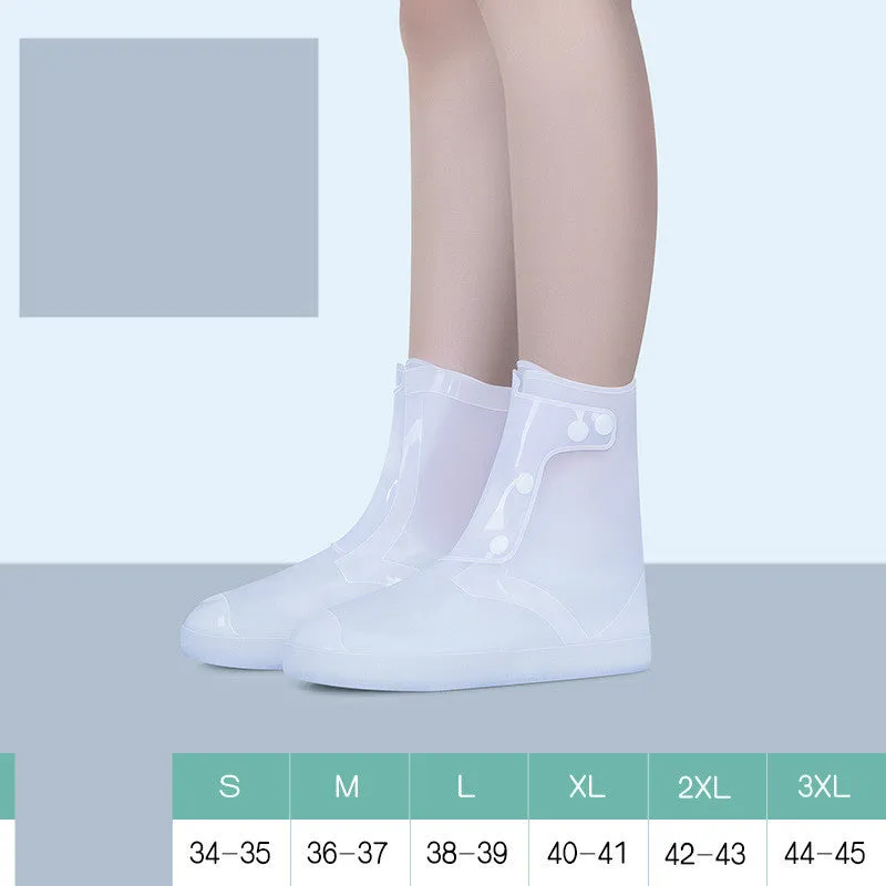 White high-top PVC reusable shoe covers for women on a rainy day background.