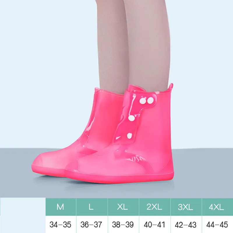 White high-top PVC reusable shoe covers for women on a rainy day background.