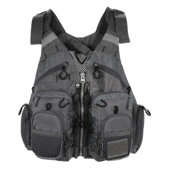 Men's outdoor fishing life vest with 11 pockets, detachable flotation, and reflective strips