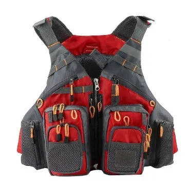 Men's outdoor fishing life vest with 11 pockets, detachable flotation, and reflective strips