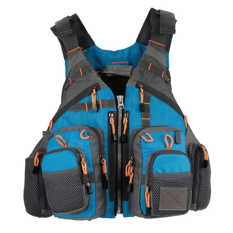 Men's outdoor fishing life vest with 11 pockets, detachable flotation, and reflective strips