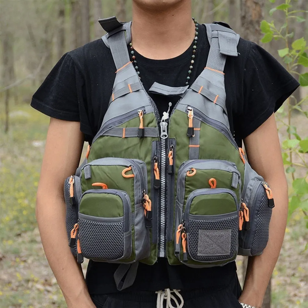 Men's outdoor fishing life vest with 11 pockets, detachable flotation, and reflective strips