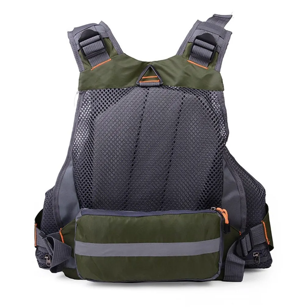 Men's outdoor fishing life vest with 11 pockets, detachable flotation, and reflective strips