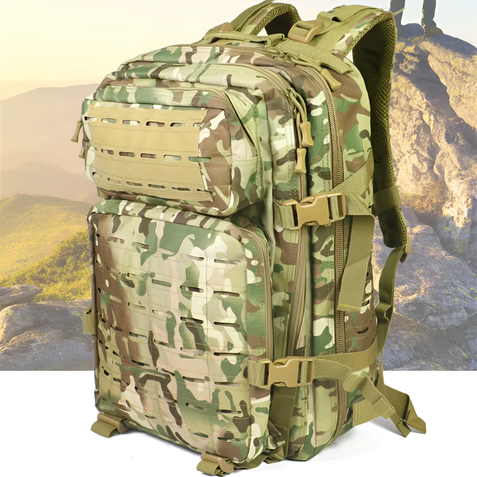 Outdoor Tactics backpack 34x15x50cm polyester canvas curved shoulder straps black CP camouflage