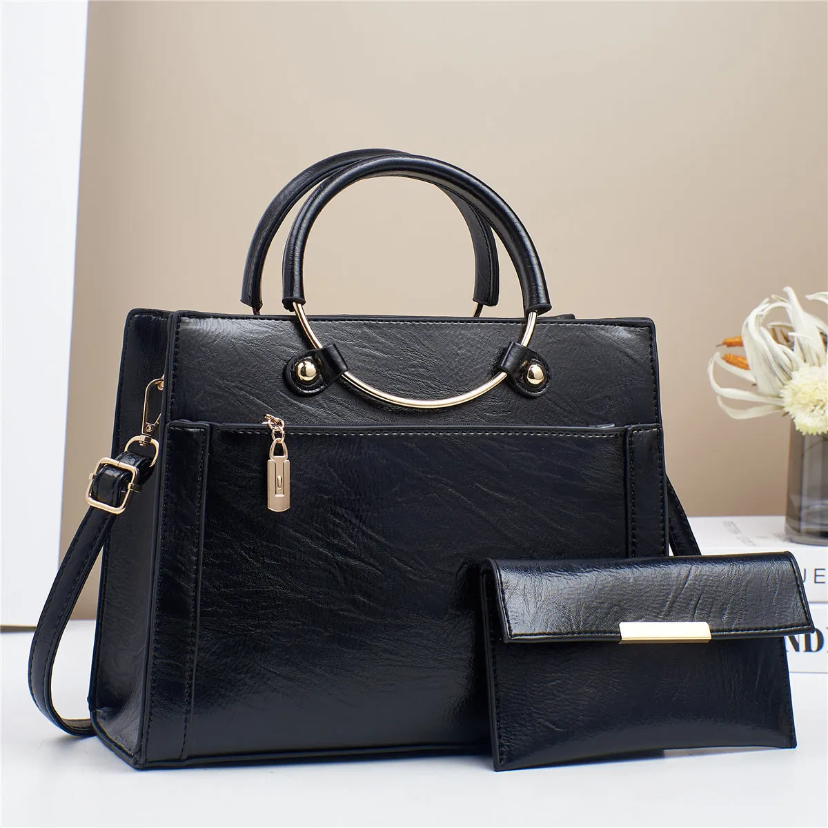 Women's large capacity PU handbag set with crossbody bag and wallet in retro stitching contrast colour design