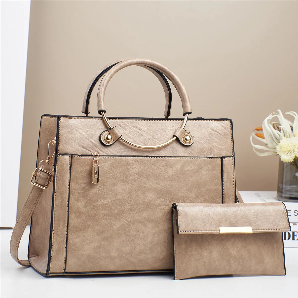 Women's large capacity PU handbag set with crossbody bag and wallet in retro stitching contrast colour design