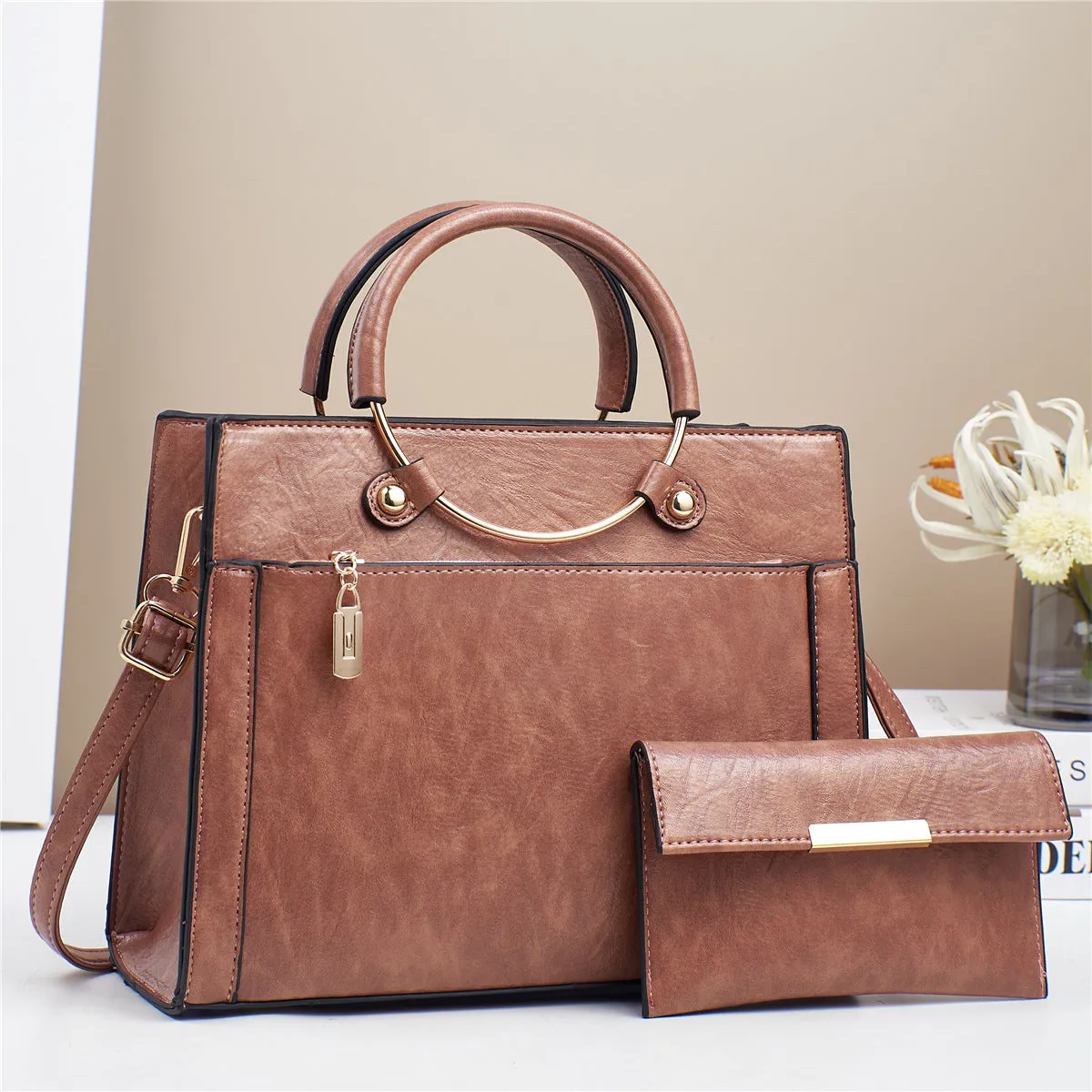 Women's large capacity PU handbag set with crossbody bag and wallet in retro stitching contrast colour design