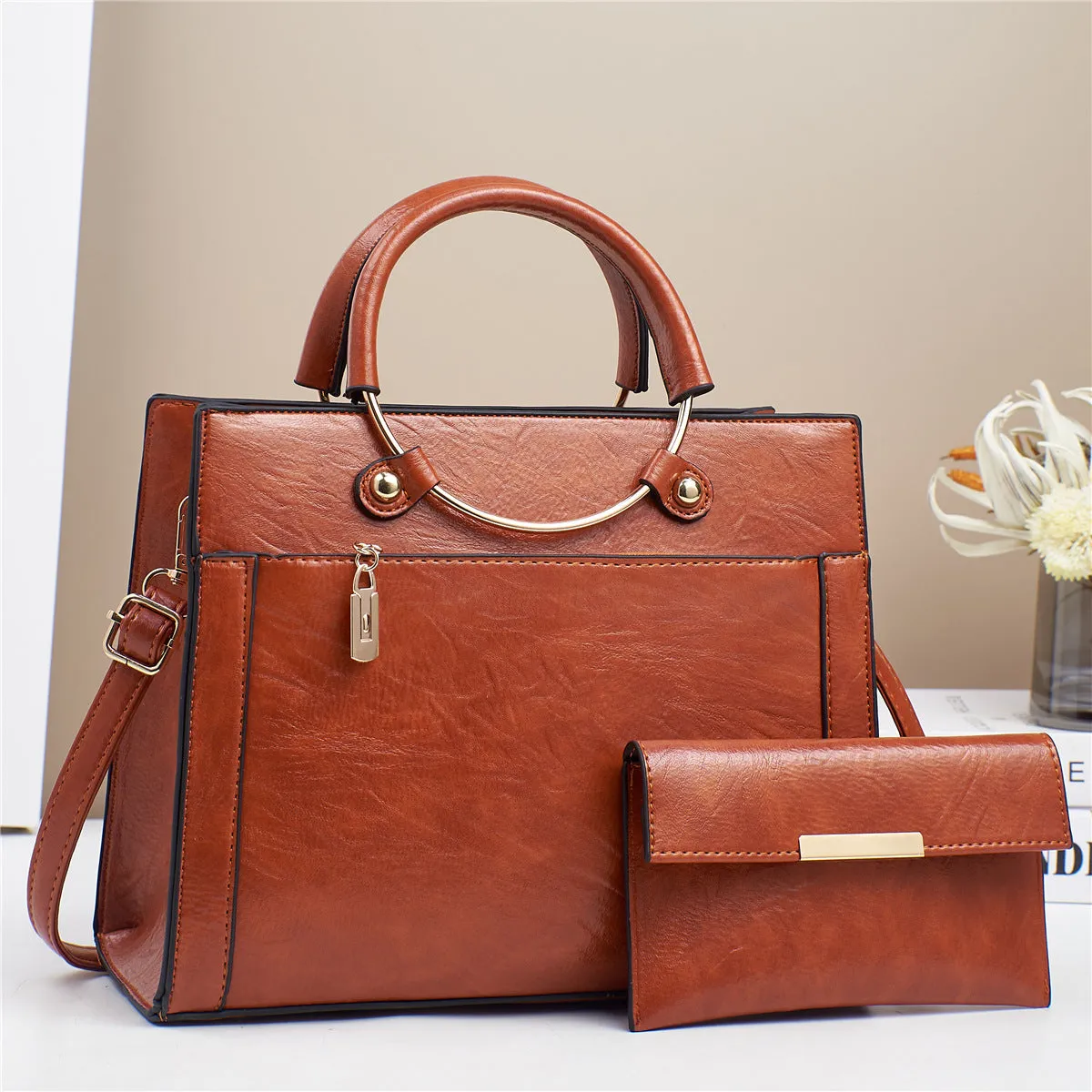 Women's large capacity PU handbag set with crossbody bag and wallet in retro stitching contrast colour design