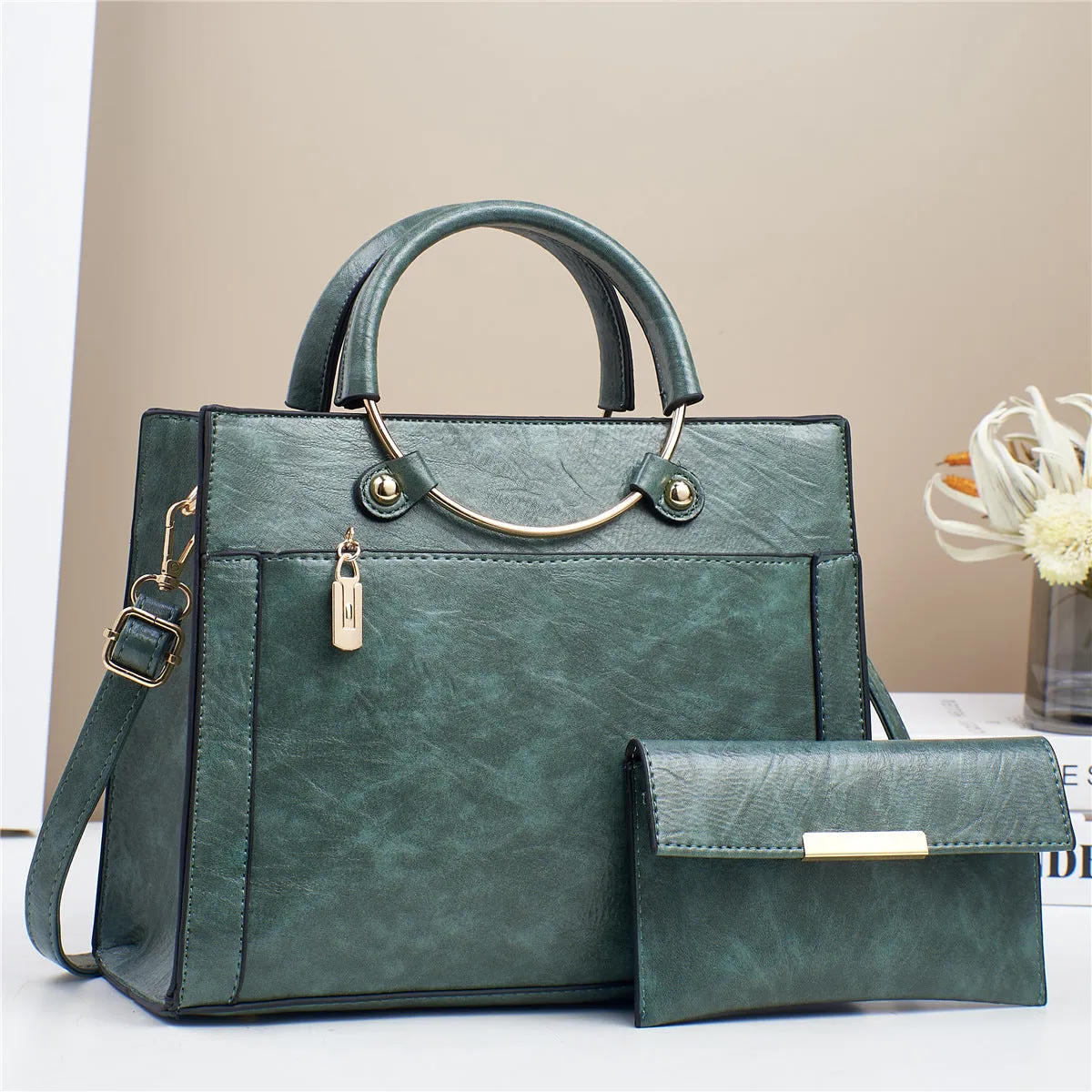 Women's large capacity PU handbag set with crossbody bag and wallet in retro stitching contrast colour design