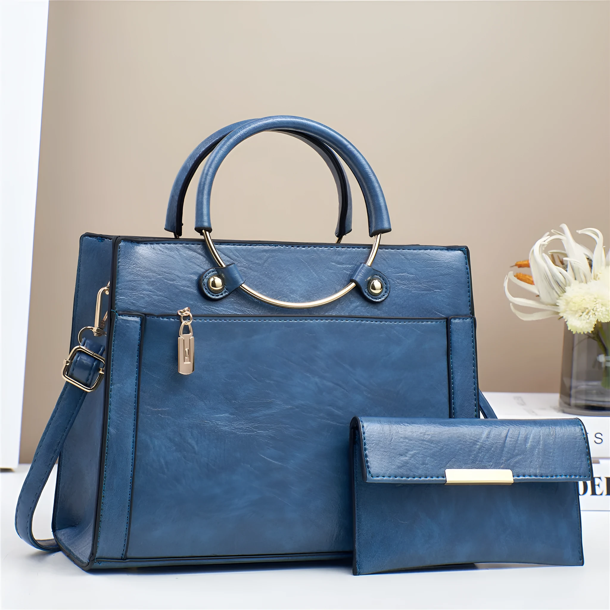 Women's large capacity PU handbag set with crossbody bag and wallet in retro stitching contrast colour design