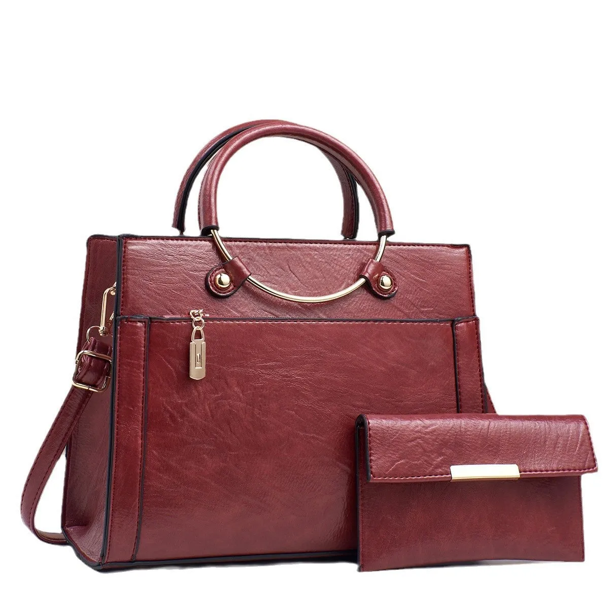 Women's large capacity PU handbag set with crossbody bag and wallet in retro stitching contrast colour design