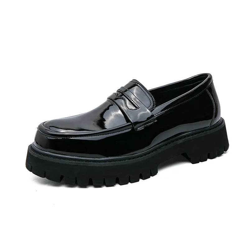Black platform height-increasing loafers for men, solid colour, mid heel 3-5 cm, PU sole, matte finish