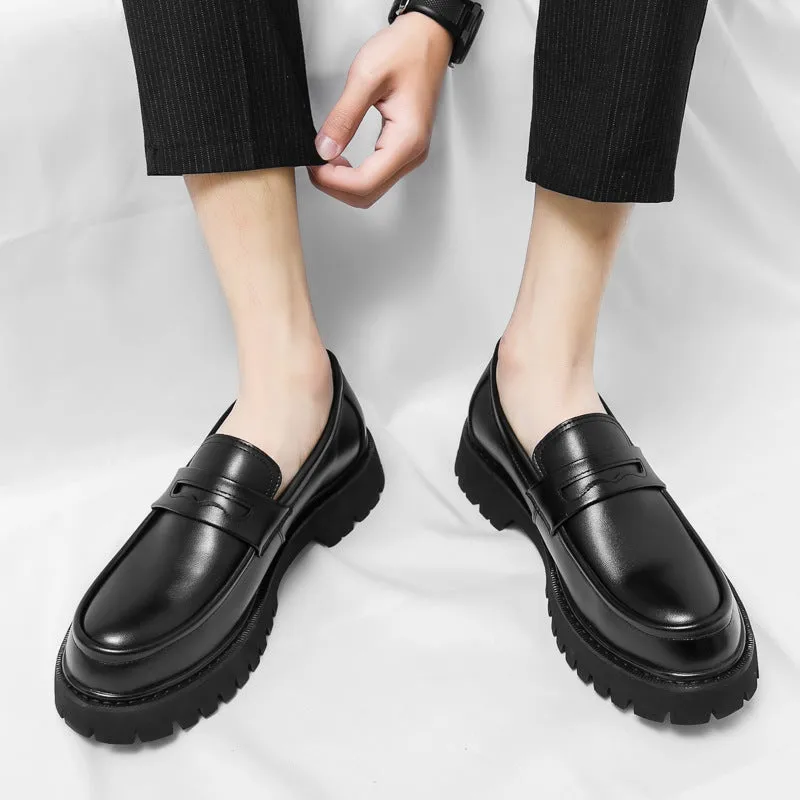 Black platform height-increasing loafers for men, solid colour, mid heel 3-5 cm, PU sole, matte finish