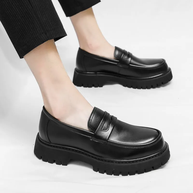 Black platform height-increasing loafers for men, solid colour, mid heel 3-5 cm, PU sole, matte finish