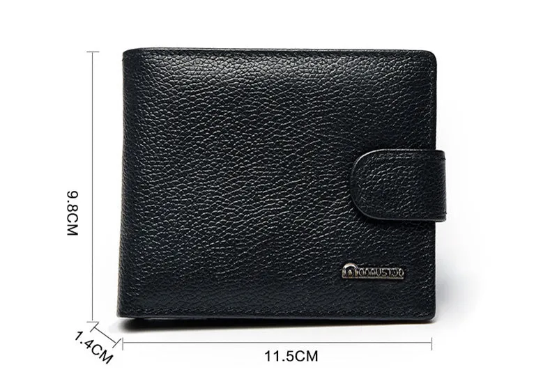 Black PU leather bifold wallet with buckle closure, showing card slots and zipper compartment