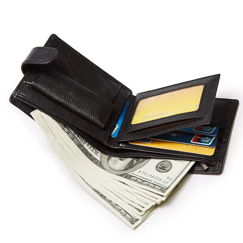 Black PU leather bifold wallet with buckle closure, showing card slots and zipper compartment