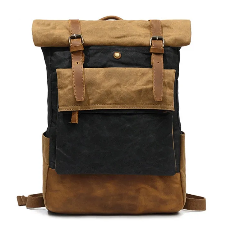 Canvas vintage backpack in khaki showing front zipper pocket and curved shoulder straps with retro square shape