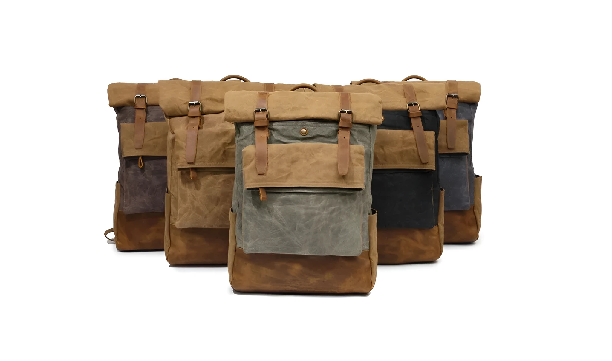 Canvas vintage backpack in khaki showing front zipper pocket and curved shoulder straps with retro square shape