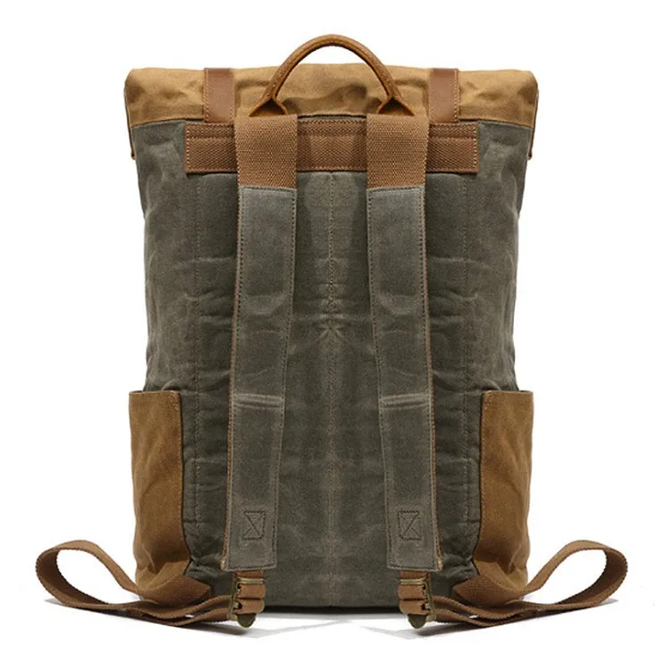 Canvas vintage backpack in khaki showing front zipper pocket and curved shoulder straps with retro square shape