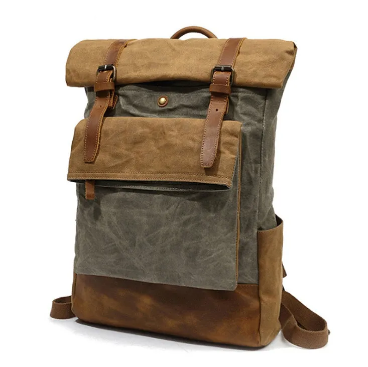 Canvas vintage backpack in khaki showing front zipper pocket and curved shoulder straps with retro square shape