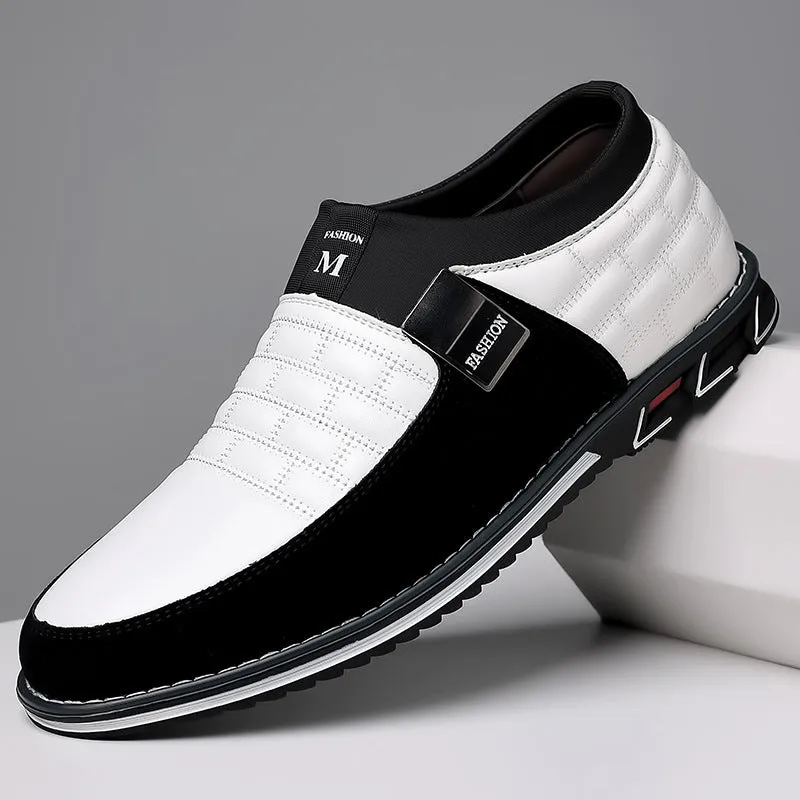 Slip-on men's plus size casual leather shoes in black with round toe and rubber sole