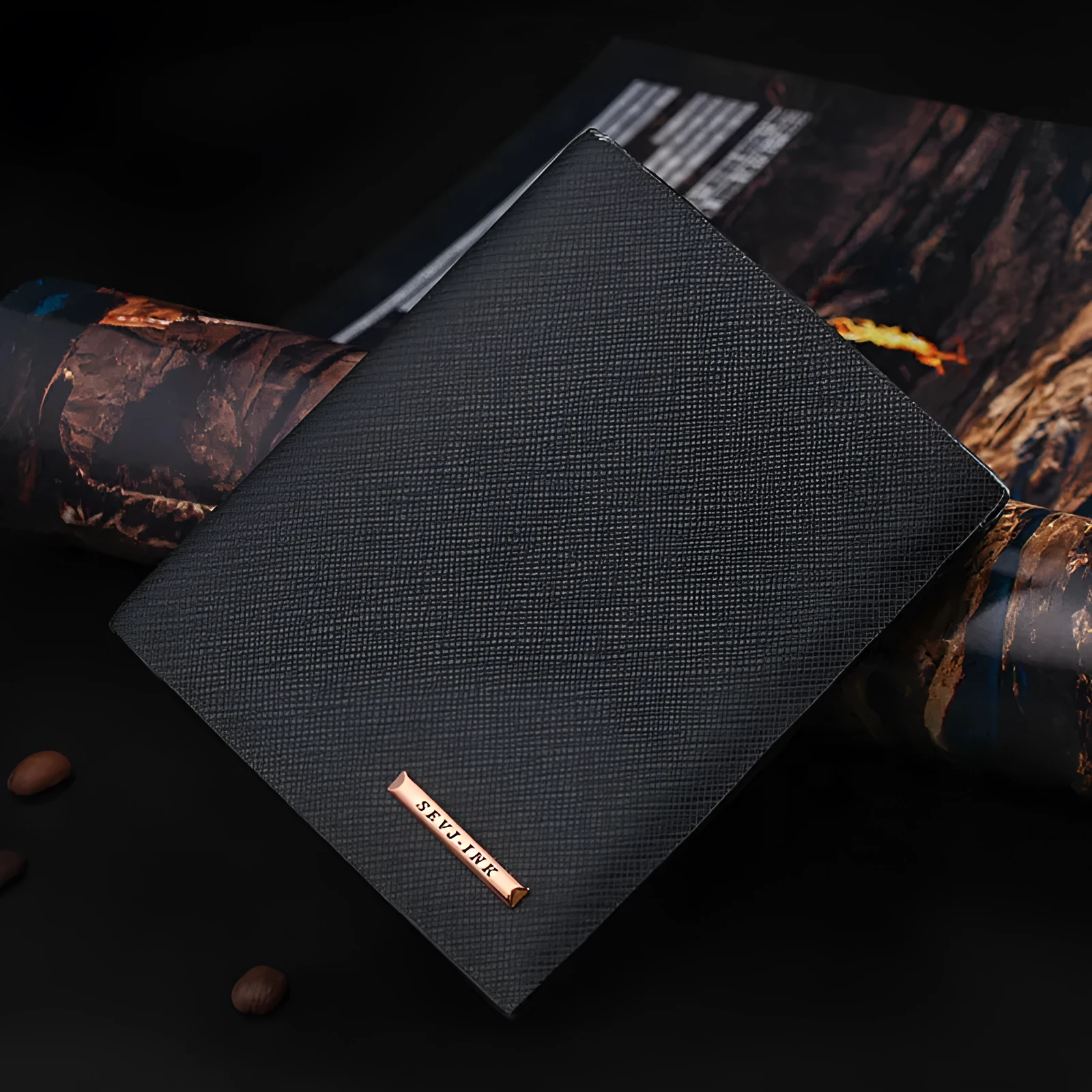 New men's hard leather wallet with toothpick effect, card slot and bill slot in black horizontal orientation