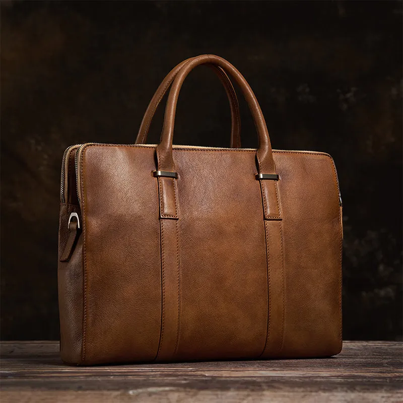 Vintage cowhide leather men's handbag in brown, medium size 35x8x26cm, with zipper closure and shoulder strap