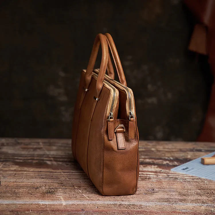Vintage cowhide leather men's handbag in brown, medium size 35x8x26cm, with zipper closure and shoulder strap