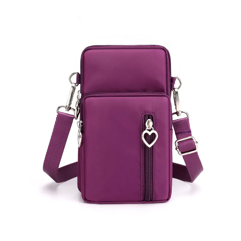 Nylon mobile phone crossbody bag for women, large size, available in multiple colours with zipper closure