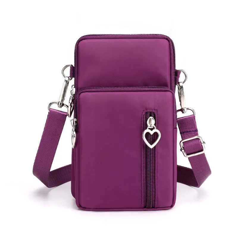 Nylon mobile phone crossbody bag for women, large size, available in multiple colours with zipper closure