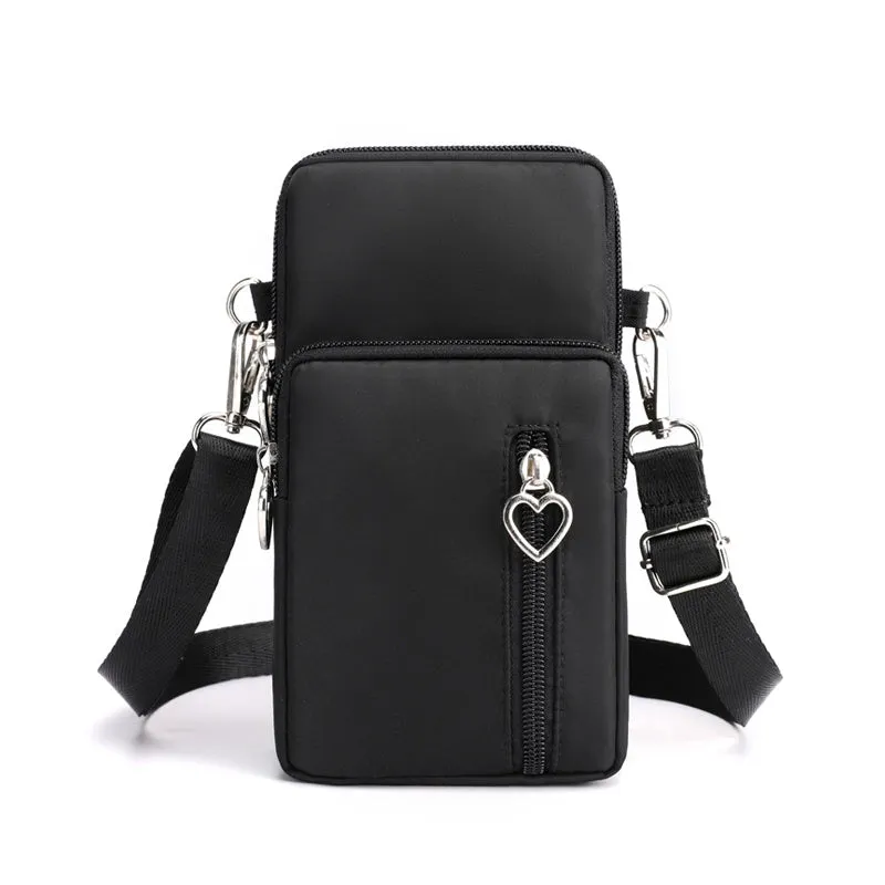 Nylon mobile phone crossbody bag for women, large size, available in multiple colours with zipper closure