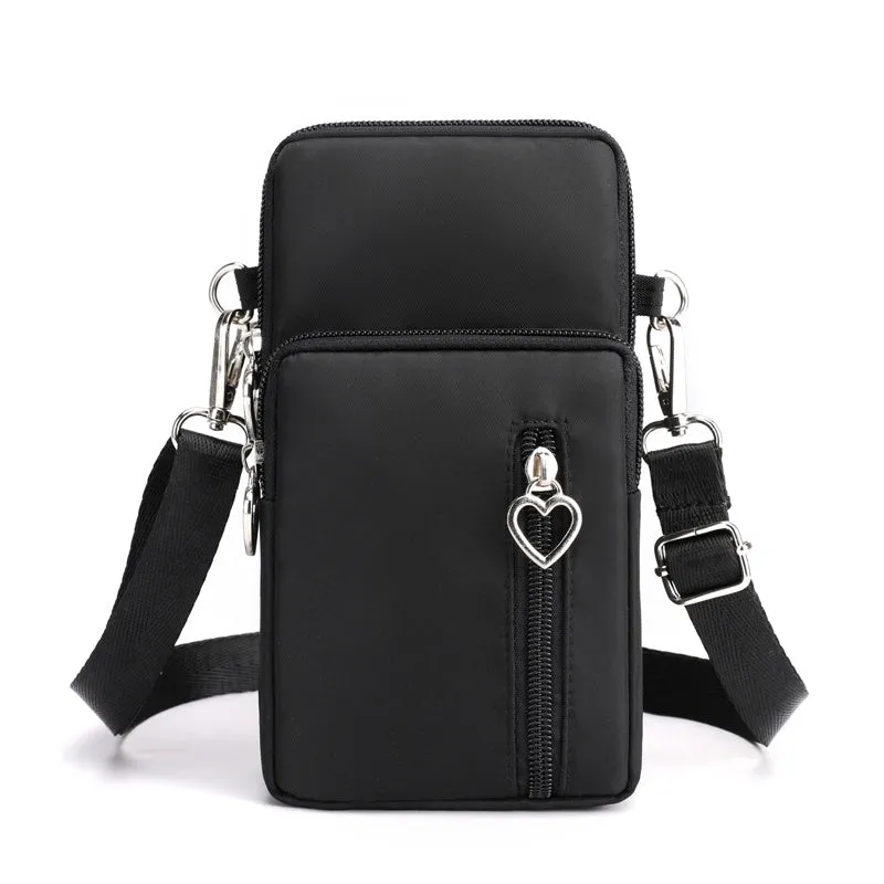 Nylon mobile phone crossbody bag for women, large size, available in multiple colours with zipper closure