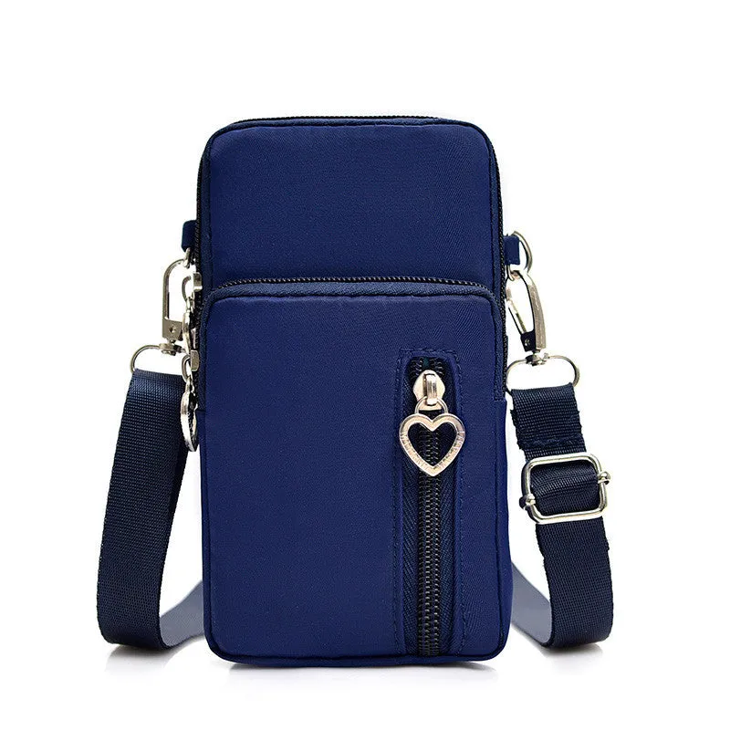Nylon mobile phone crossbody bag for women, large size, available in multiple colours with zipper closure