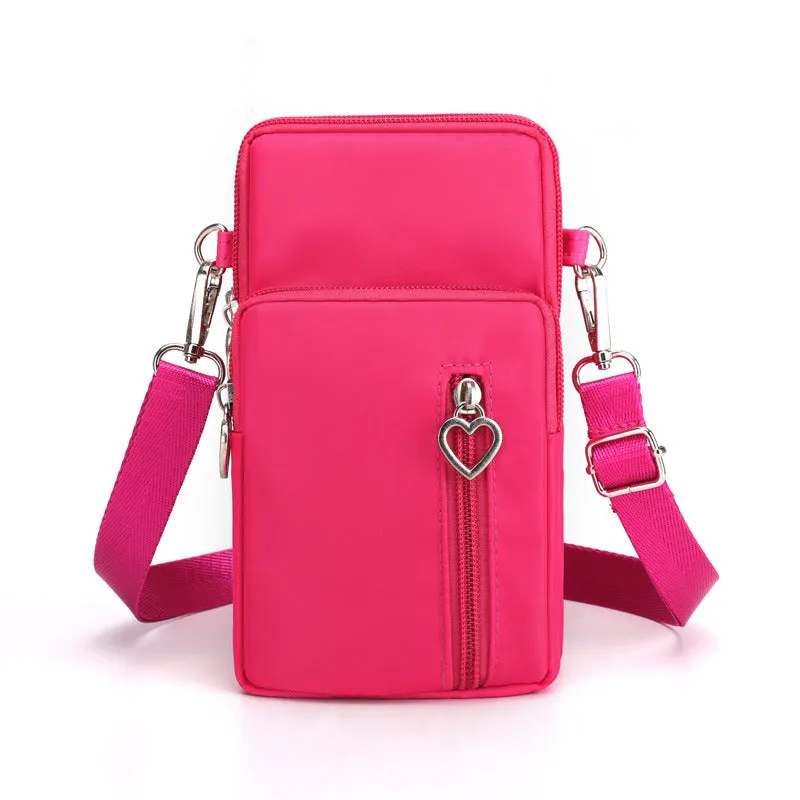 Nylon mobile phone crossbody bag for women, large size, available in multiple colours with zipper closure