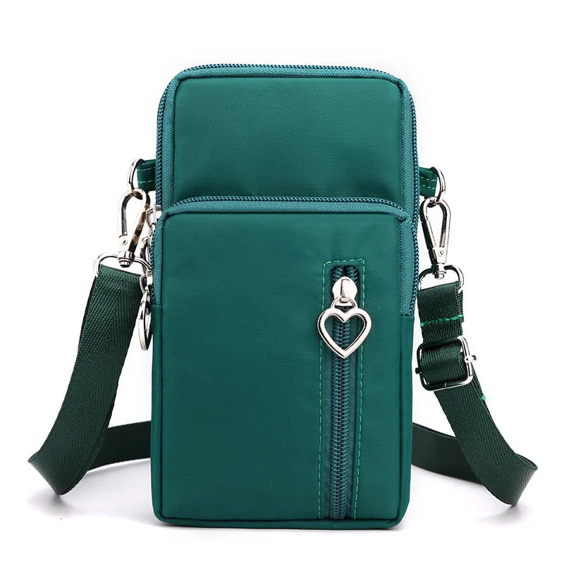 Nylon mobile phone crossbody bag for women, large size, available in multiple colours with zipper closure