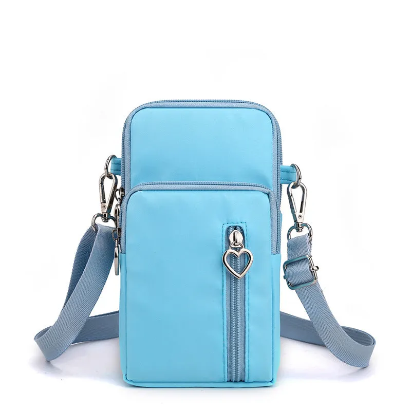 Nylon mobile phone crossbody bag for women, large size, available in multiple colours with zipper closure